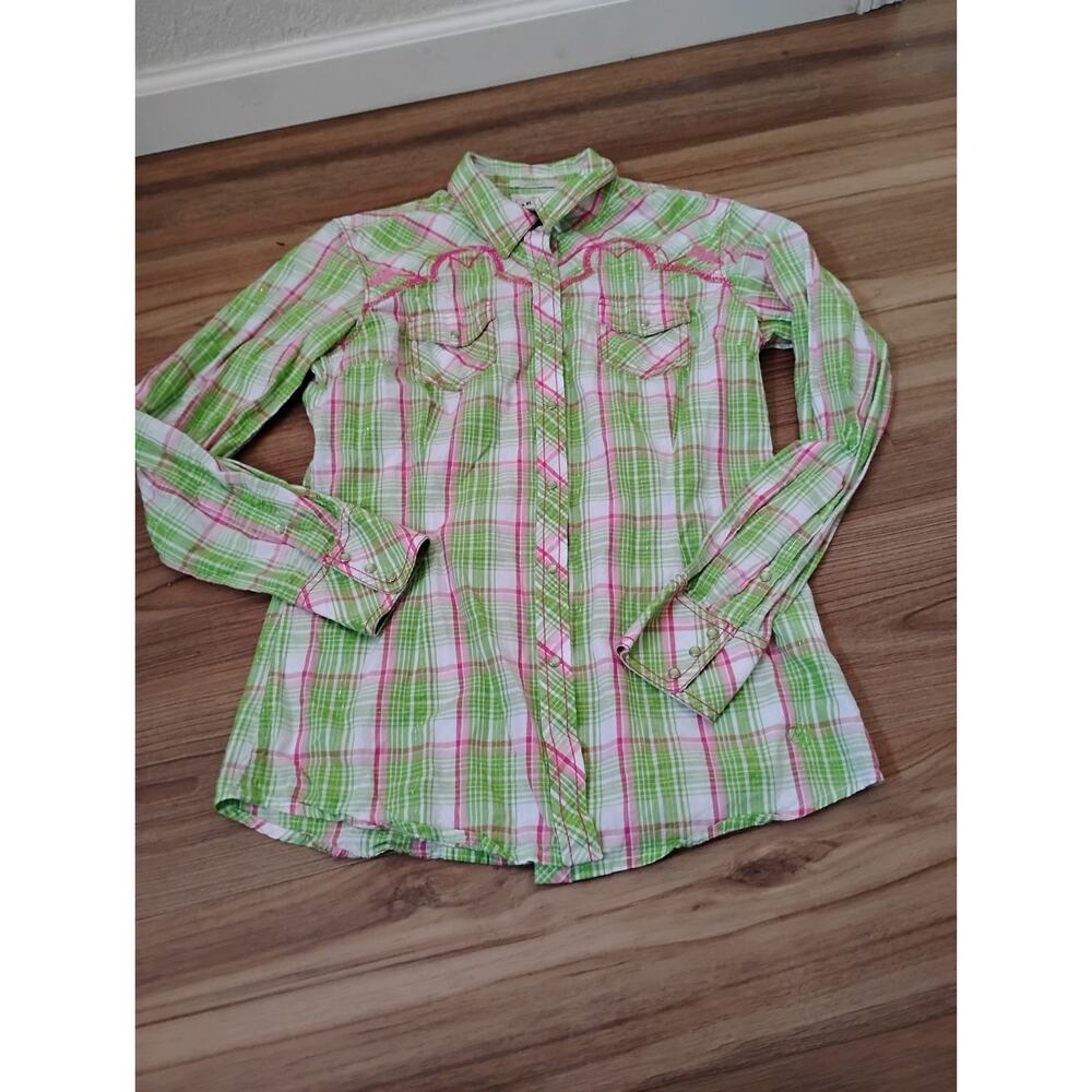 Ariat Shirt Women Medium Green Snap Buttons Western Cowgirl Studded Plaid Fitted